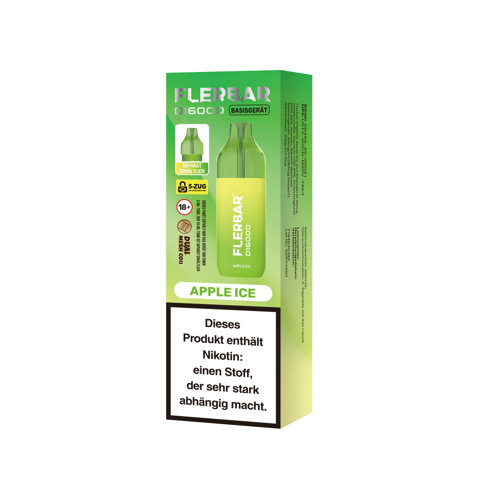 Flerbar D16000 Apple Ice E-Zigarette - 16k Züge - 20 mg/ml Nikotin - Legal mit Steuerbanderole