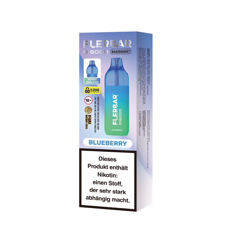 Flerbar D16000 Blueberry E-Zigarette - 16k Züge - 20 mg/ml Nikotin - Legal mit Steuerbanderole