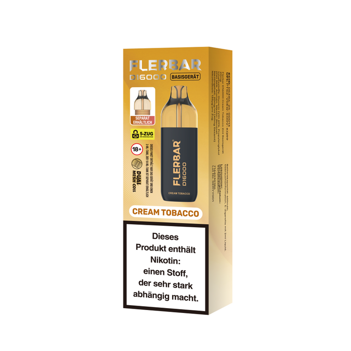 Flerbar D16000 Cream Tobacco E-Zigarette - 16k Züge - 20 mg/ml Nikotin - Legal mit Steuerbanderole