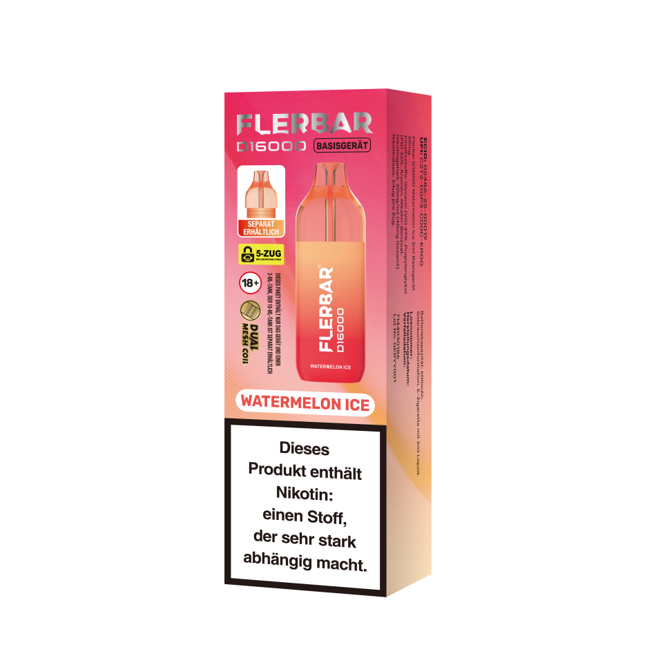 Flerbar D16000 Watermelon Ice E-Zigarette - 16k Züge - 20 mg/ml Nikotin - Legal mit Steuerbanderole